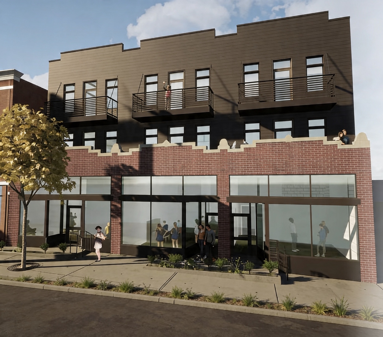 1516 Lopez Lofts building exterior — modern brick and dark panel facade with balconies