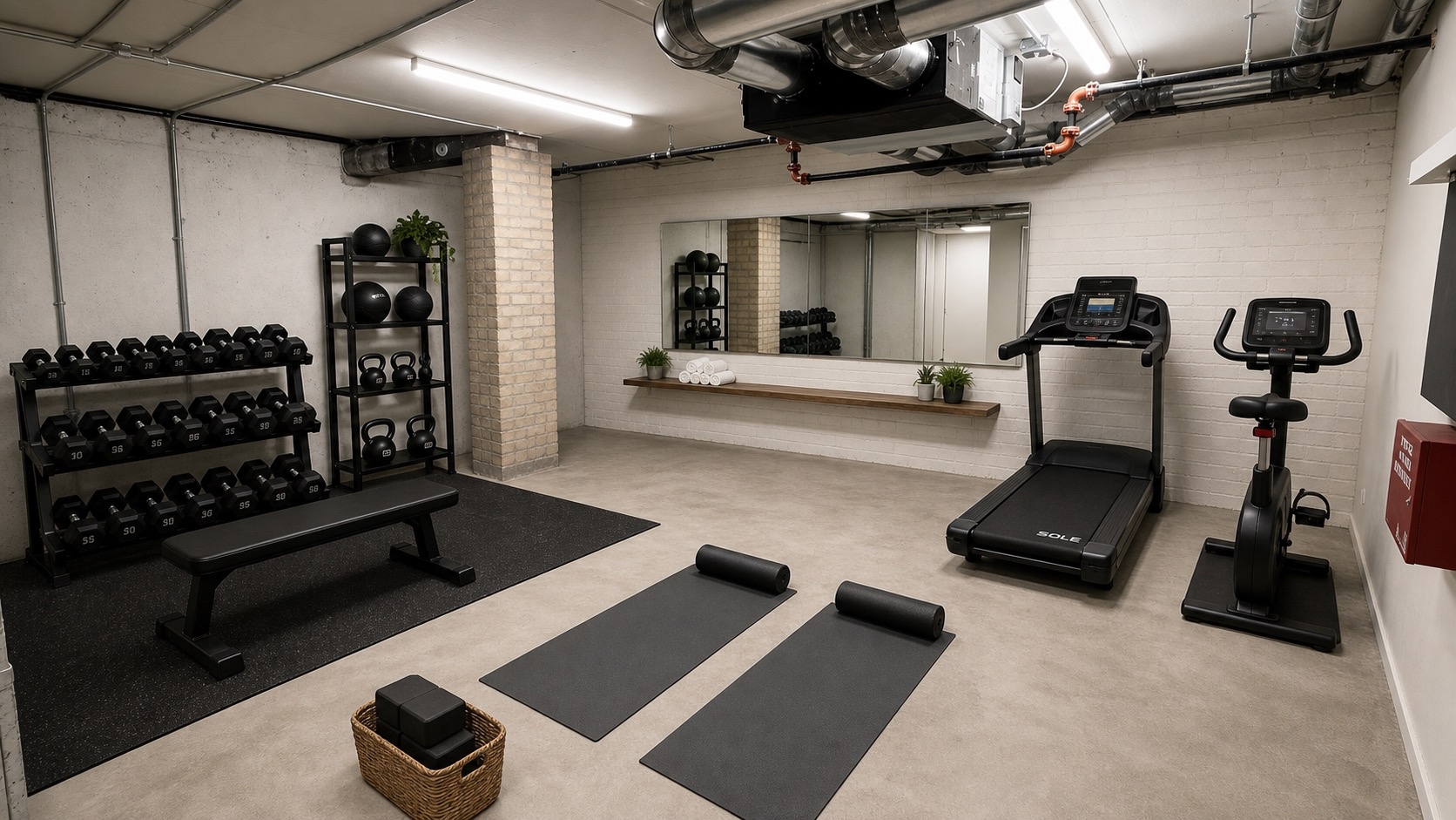 Fitness center render — modern strength and cardio zone at Lopez Lofts