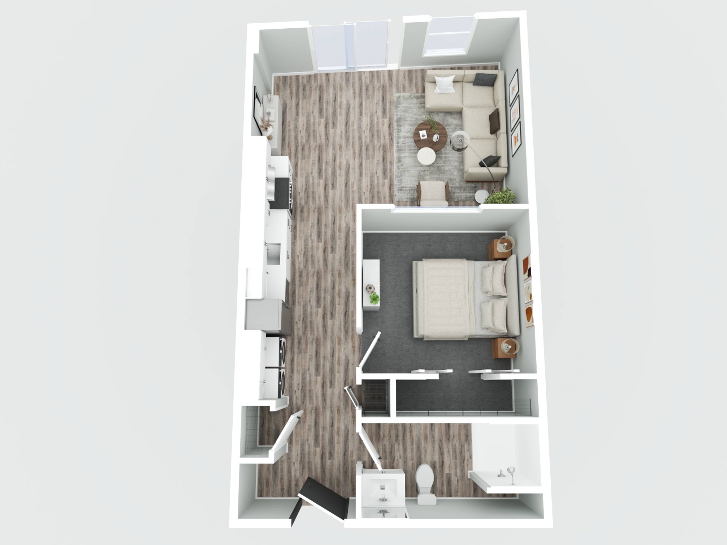 1 bedroom 1 bath floor plan 3D render — separate bedroom, open living and kitchen area, full bath