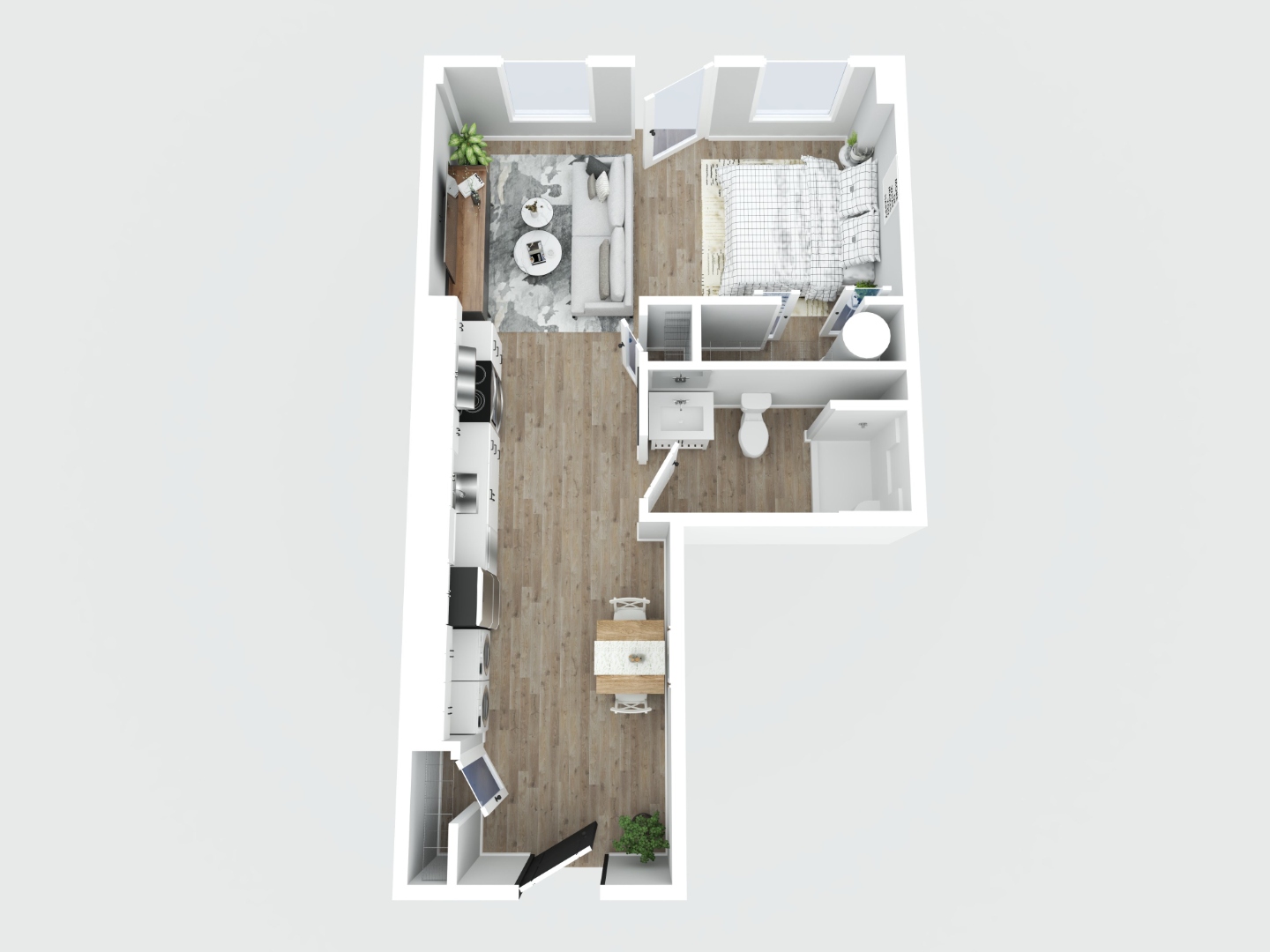 Studio floor plan 3D render — open-concept layout with living area, kitchen, separate bath