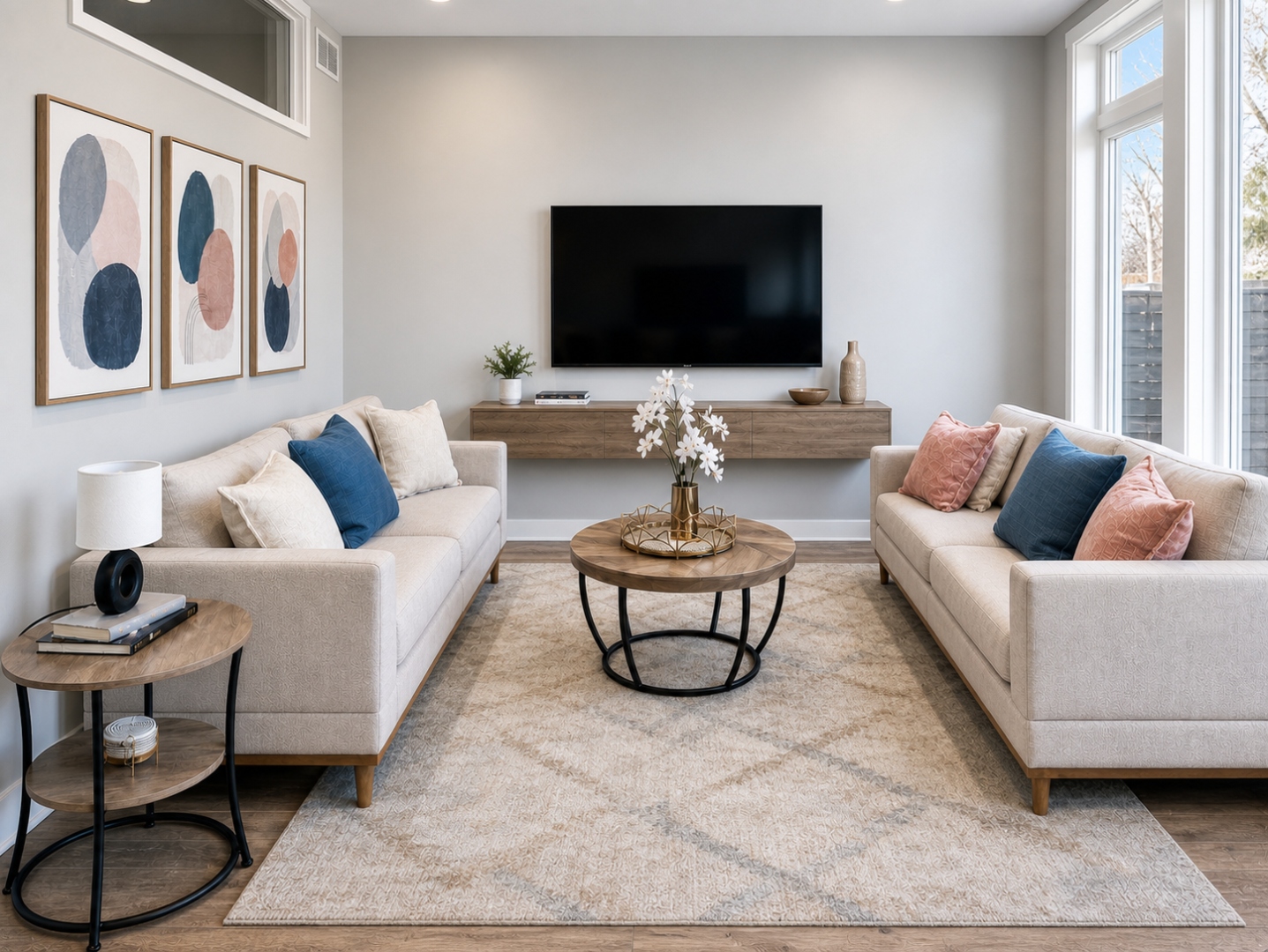 Lopez Lofts living room — open layout with hardwood floors, neutral sofas, wall art, and transom windows